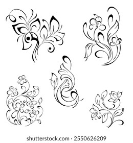 decorative element with a floral pattern of stylized flowers on curved stems with leaves and curls; graphic design; SET