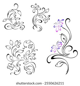 elemento decorativo con un patrón floral de flores estilizadas en subgrupos curvos con hojas y rizos; Diseño gráfico; SET