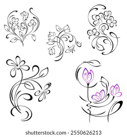 decorative element with a floral pattern of stylized flowers on curved stems with leaves and curls; graphic design; SET