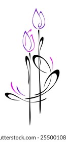 decorative element with flower bud on high stem and an abstract ornament; graphic design