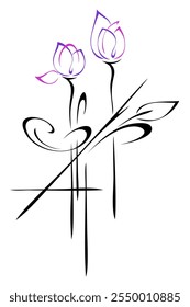 decorative element with flower bud on high stem and an abstract ornament; graphic design