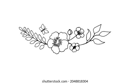 Dekoratives Element der Blumen, Äste mit einem Schmetterling im Stil des Doodle. Vektorgrafik für festliches Design, Karte, Schreibwaren, Accessoires.