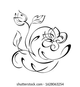 decorative element with flowers, leaves and curls in black lines on a white background