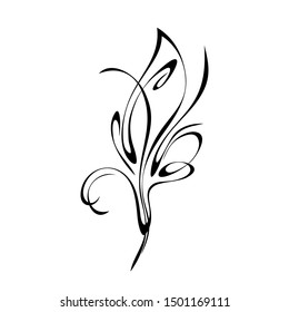decorative element in the form of one stylized leaf with curls in black lines on a white background
