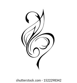 decorative element in the form of one stylized leaf with curls in black lines on a white background