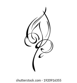 decorative element in the form of one stylized leaf with curls in black lines on a white background