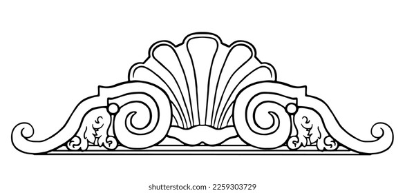 Decorative element in the form of a seashell. Natural motives with floral detail used in architecture. Black and white sketch in doodle style.