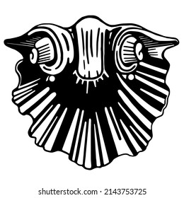 Decorative element in the form of a shell for decoration in exterior and interior. Natural detail used in architecture. Black and white sketch in doodle style.