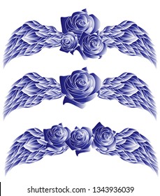decorative element in the form of wings with roses, can be used as a tattoo, print, template for your own design