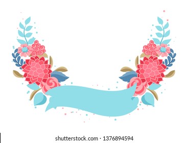 Decorative element with gentle flowers. Beautiful natural plants, buds and leaves.