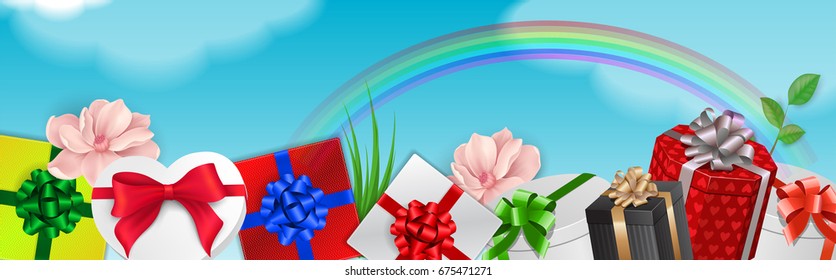 Elemento decorativo com presentes e arco-íris