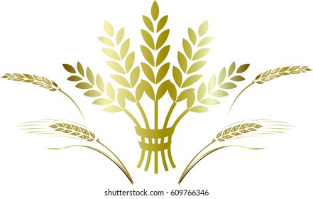 Decorative element gold ripe wheat ears composition.