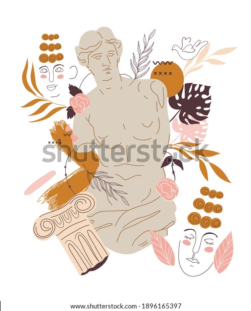 Decorative element with Greek sculpture of Venus\
goddess and abstract design elements, flat vector illustration\
isolated on white background. Greek art object - Venus  statue for\
cards and textile.