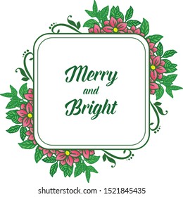 Decorative element of green leaf flower frame, handwritten for merry and bright. Vector