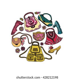 Decorative element with handbags, shoes and flowers 