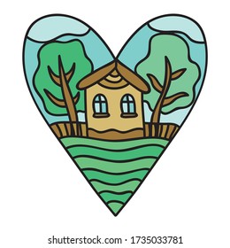 Decorative element heart house and trees. Vector illustration