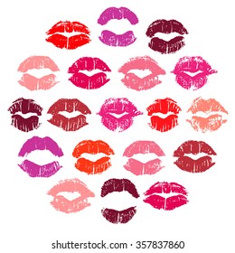 Decorative element with imprints of lipstick in a form of a circle. Silhouettes of red, pink, fuchsia, beige and purple lips isolated on white background. Qualitative trace of real lipstick texture