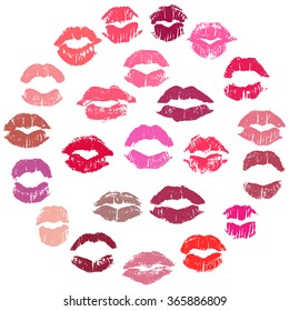 Decorative element with imprints of lipstick in a form of a circle. Silhouettes of red, pink, fuchsia, beige and purple lips isolated on white background. Qualitative trace of real lipstick texture