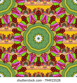 Decorative element, indian henna design, vector retro circle ornament. Mandala, tribal vintage sketch with a medallion on yellow, green, red colors. Pattern with abstract art flower for Tibetan yoga.