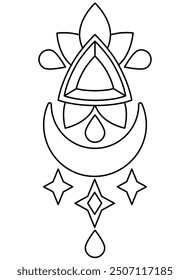 Decorative element of magic symbols moon, stars, crystal and water drops - vector linear element in mystical style. Outline. Magical nature symbols for coloring