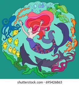 Decorative element with mermaid, dolphins, fish, algae. Bright color vector illustration.