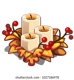 Decorative element on theme of Christmas and New year isolated on white background. Arrangement of candles, dry leaves and berries of holly. Sketch for card, poster, party invitation. Vector cartoon.