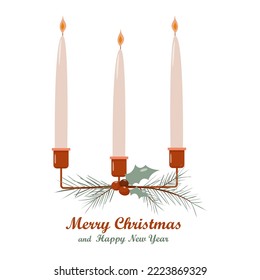 Decorative element on the theme of Christmas and New Year isolated on a white background. Candlestick with three burning candles, decorated with spruce and holly branches. Sketch for a postcard