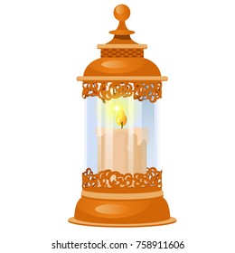 Decorative element on theme of Christmas and New year isolated on white background. Glass transparent lamp in oriental style or glowing lantern with burning candle. Vector cartoon close-up.