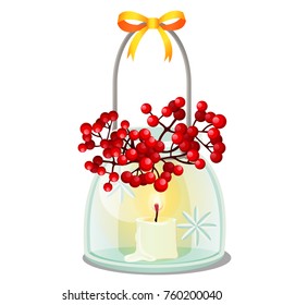 Decorative element on theme of Christmas and New year isolated on white background. Glass transparent lamp or glowing lantern with burning candle. Sketch for card, poster, party invitation. Vector.