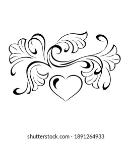 decorative element with one heart, stylized flowers and vignettes in black lines on a white background