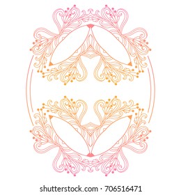 Decorative element of an oval shape, on a white background. Lacy ornament. Interlacing of fine lines. Pink and yellow color. Vector graphics.