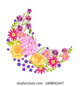 Decorative element with pretty flowers. Beautiful decorative natural plants, buds and leaves.
