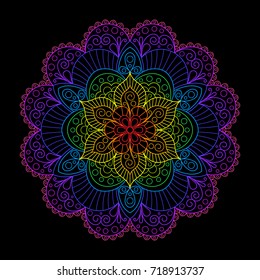 Decorative Element Rainbow Mandala on Black Background. Bright Colorful Oriental Contour Circular Ornament. Lacy Iridescent Mandala for Design of Cloth, Fabric, Textile, Tissue.