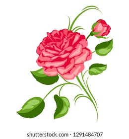 Decorative element with red roses. Beautiful flowers, buds and leaves.