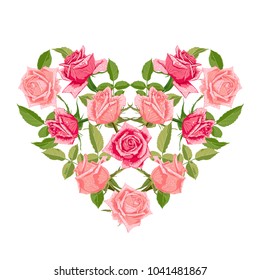 Decorative element with roses in shape of heart. Love concept. Beautiful background with cute flowers. Vector Illustration.