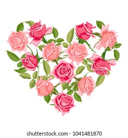 Decorative element with roses in shape of heart. Love concept. Beautiful background with cute flowers. Vector Illustration.