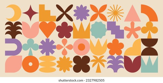 Decorative element set for spring and summer. Warm and geometric shapes. Collection of symbols for celebrations. Vector geometric patterns.