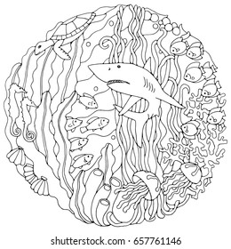 Decorative element with a shark, algae, fish, corals, turtle, shells. Black and white vector illustration for coloring pages or other.
