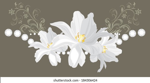 Decorative element with shining stasses and white flowers. Vector