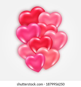 Decorative element with shiny 3d hearts with shadow isolated on white background. Valentines day glossy pink caramel candy hearts group. Realistic vector illustration of love symbol