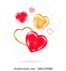 Decorative element with shiny 3d hearts, golden heart shaped frames and confetti. Valentines day glossy pink caramel candy hearts group. Realistic vector illustration of love symbol