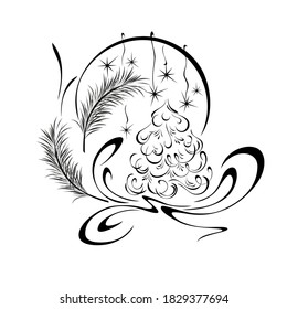 decorative element with a small snow-covered herringbone, spruce twigs and curls