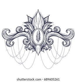 Decorative element in the style of Boho. Contour illustrations for the creation of tattoos, coloring, clothing design and printed products.