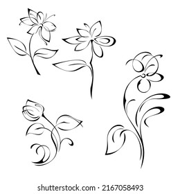 decorative element with stylized blooming flowers on stems with leaves and swirls. graphic decor, SET