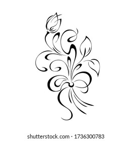 dekoratives Element mit einem stilisierten Blumenbud auf einem Stamm mit Blättern, Glängen und einem stilisierten Bogen in schwarzen Linien auf weißem Hintergrund