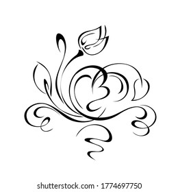 decorative element with stylized flower Bud, leaves and swirls in black lines on a white background