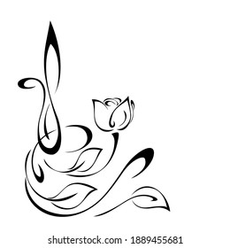 Decorative Element With A Stylized Flower Bud On A Stem With Leaves And Curls In Black Lines On A White Background. Corner Design