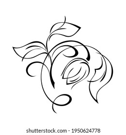 Decorative element with stylized flower bud with curved stem and leaves and curls