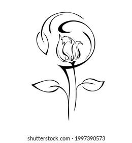 decorative element with stylized flower bud on a stem with leaves and curls in black lines on a white background