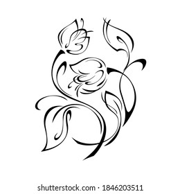 decorative element with stylized flower buds, leaves and curls in black lines on a white background